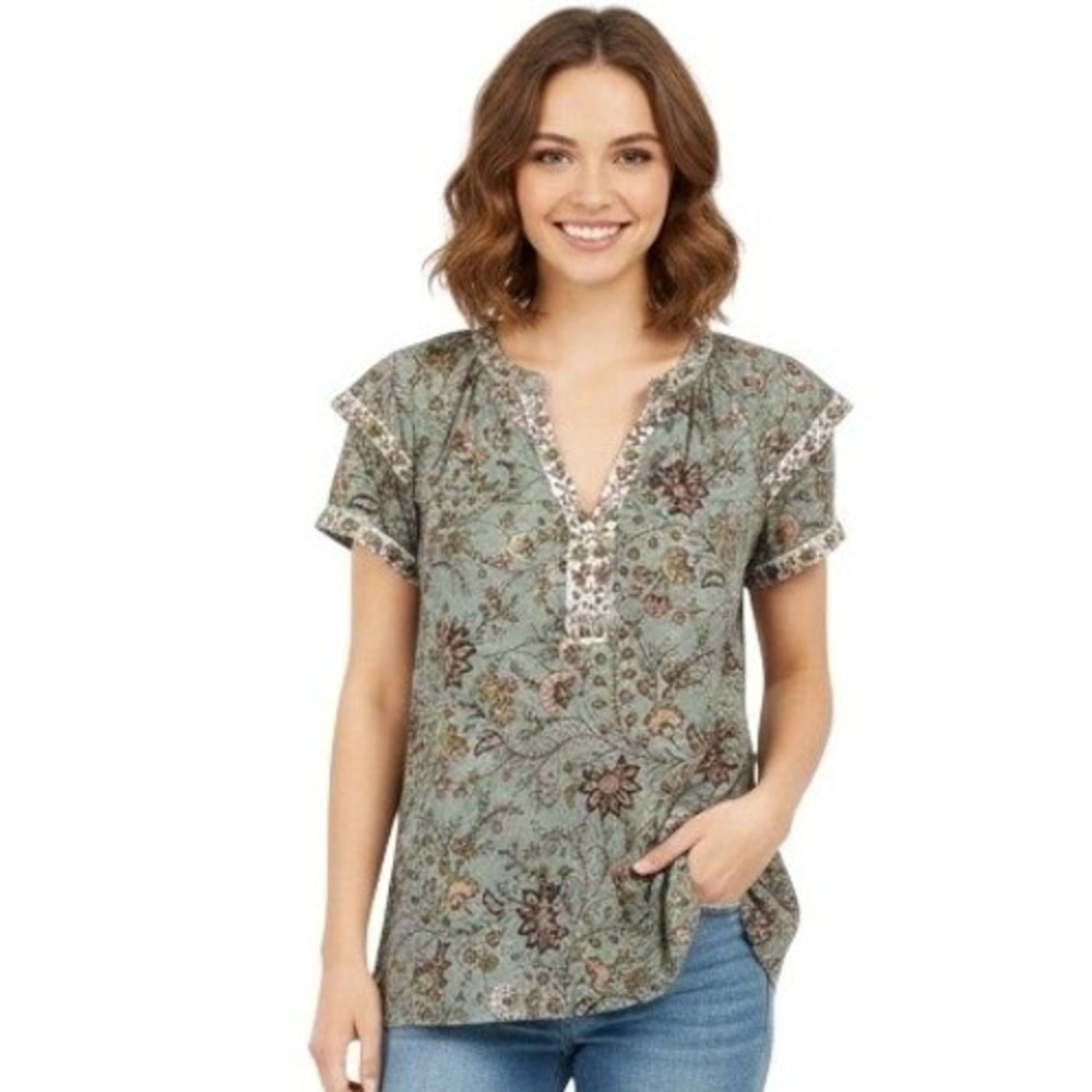 DR2 Blouse Womens M Green Floral Print V Neck Short Sleeve Tunic Top Casual Boho